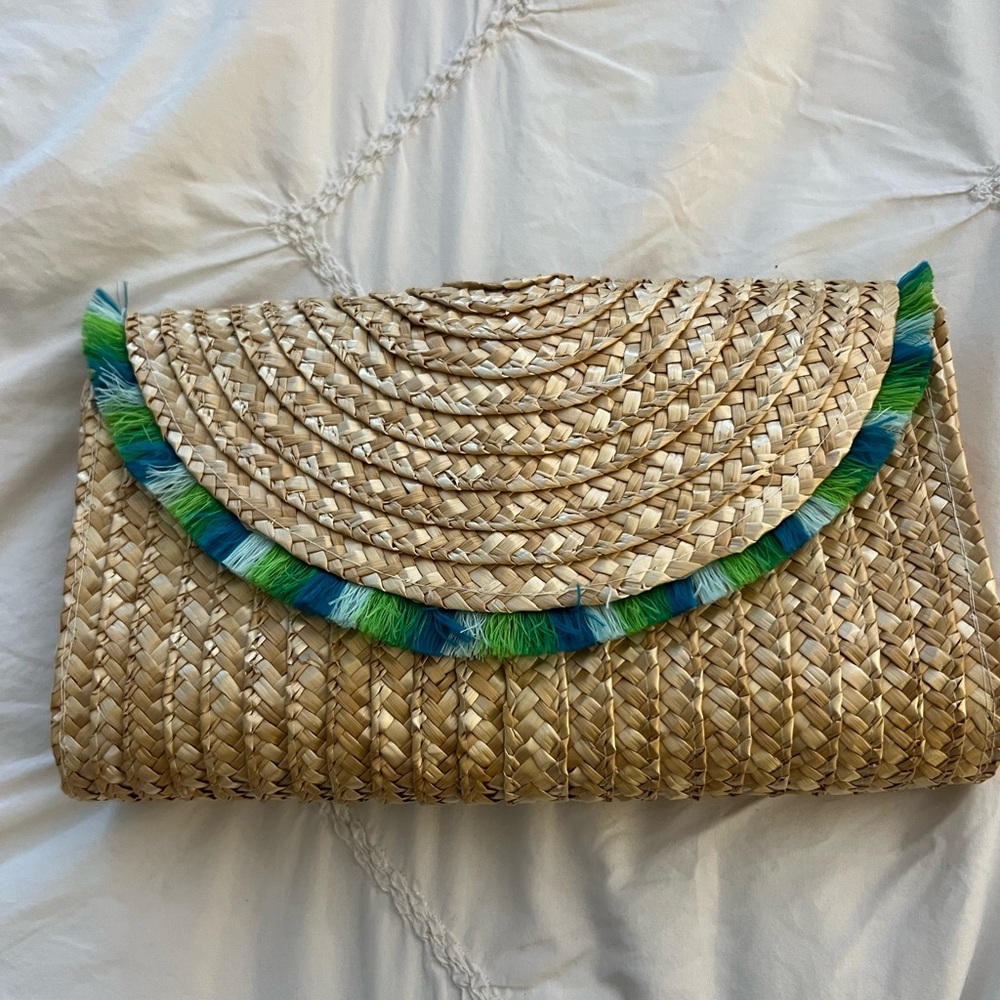 Straw bag (lined) with blue and green trim